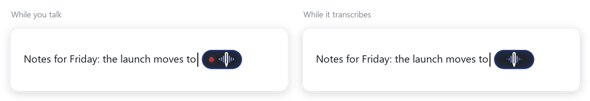 The WaveScribe indicator next to the text cursor while you talk, and while it transcribes