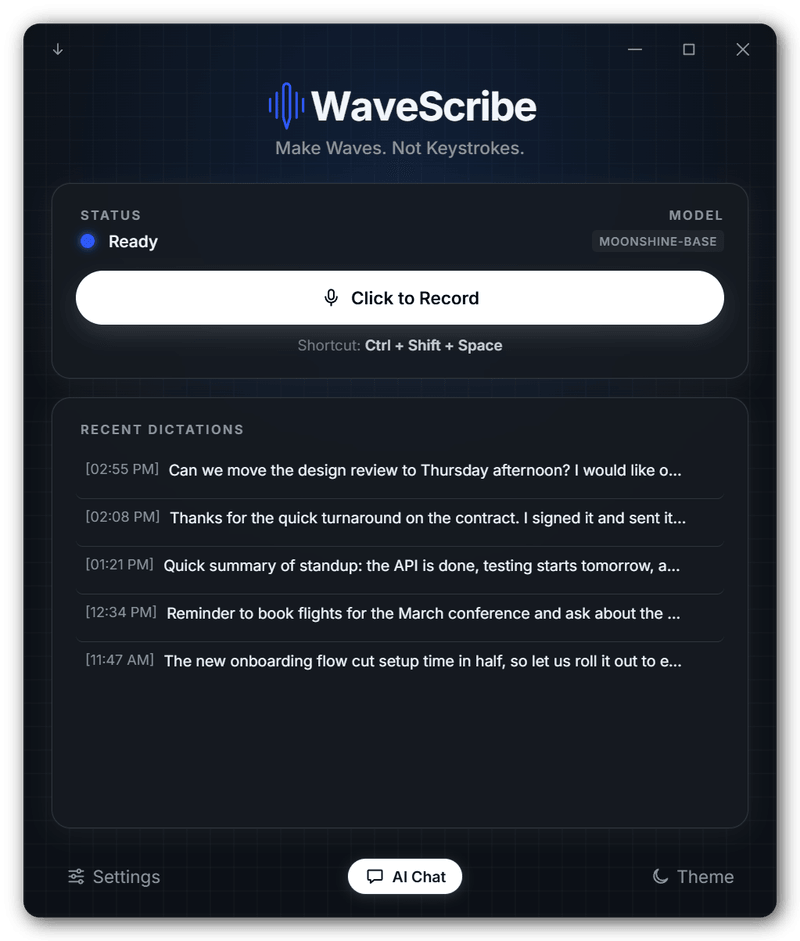WaveScribe main window, dark theme