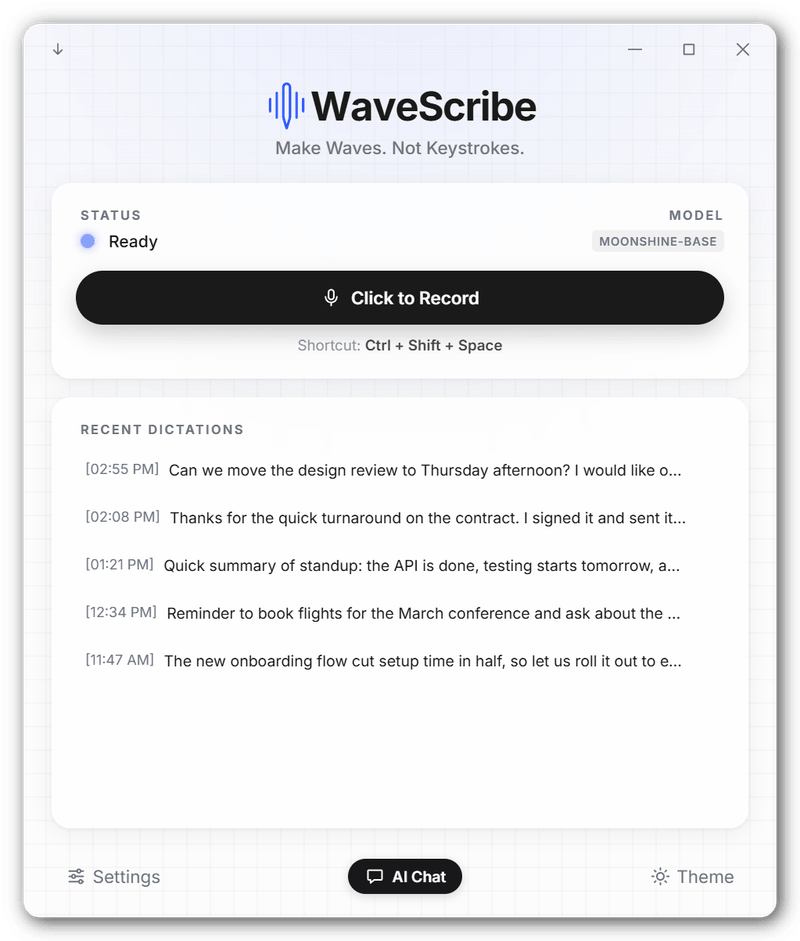 WaveScribe main window, light theme