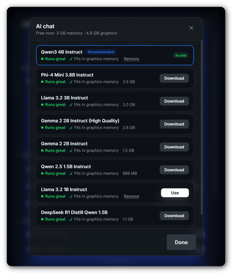 Model picker showing recommendations based on free memory