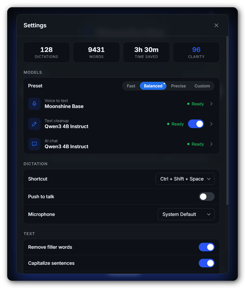 Settings with the three model choices and presets